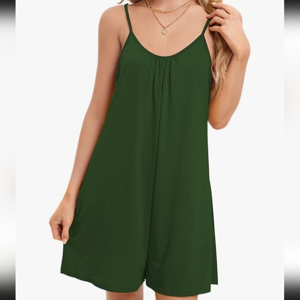 Buauty Women's Green Sleeveless Loose Adjustable Strap Romper with Pockets Sz S - Picture 2 of 14